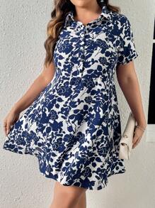 SHEIN Clasi Plus Floral Print Button Front Shirt Dress - Blue and White - View 3