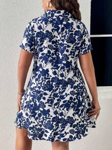 SHEIN Clasi Plus Floral Print Button Front Shirt Dress - Blue and White - View 2