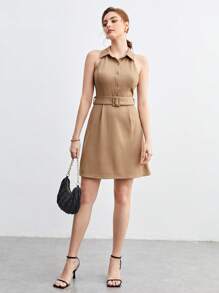 BizChic 素色腰帶襯衫連衣裙 - 卡其色 - 查看 4