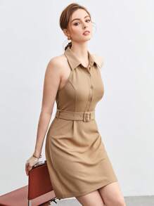 BizChic 素色腰帶襯衫連衣裙 - 卡其色 - 查看 5