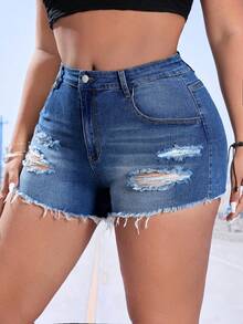 SHEIN SXY Quần short denim oversized Túi Hem thô Bị tách màu trơn - Rửa trung bình - Xem 6