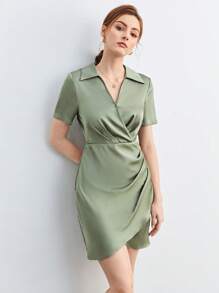 BizChic Vestido casual de mujer con pliegues y bajo envolvente de unicolor, adecuado para el transporte urbano, negocios, oficina, maestros, invitados de boda, fiestas - verde menta - Ver 3