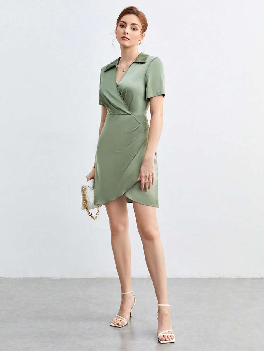 BizChic Vestido casual de mujer con pliegues y bajo envolvente de unicolor, adecuado para el transporte urbano, negocios, oficina, maestros, invitados de boda, fiestas - verde menta - Ver 1