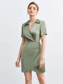 BizChic Vestido casual de mujer con pliegues y bajo envolvente de unicolor, adecuado para el transporte urbano, negocios, oficina, maestros, invitados de boda, fiestas - verde menta - Ver 4