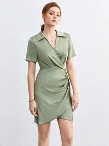 BizChic Vestido casual de mujer con pliegues y bajo envolvente de unicolor, adecuado para el transporte urbano, negocios, oficina, maestros, invitados de boda, fiestas - verde menta - Ver 5