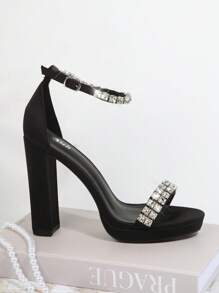 Satin Rhinestone Ankle Strap Block Heels - Black - View 2