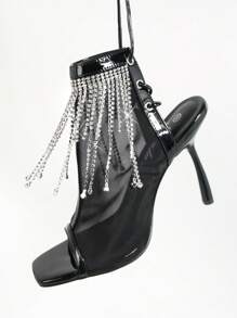 SHUZIA Open Toe Tassel High Heels - Black - View 4