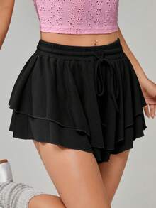 SHEIN Qutie Two Layer Hem Drawstring Waist Shorts - Black - View 3