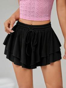 SHEIN Qutie Two Layer Hem Drawstring Waist Shorts - Black - View 1