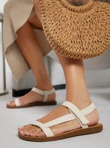 蛇皮壓花PU皮革平底涼鞋 - 米色 - 查看 4