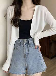 Cárdigan crop unicolor con parte delantera abierta - Blanco - Ver 1