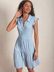 SHEIN Frenchy Vestido camisero unicolor con botón delantero bajo con fruncido - Celeste - Ver 3