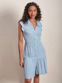 SHEIN Frenchy Vestido camisero unicolor con botón delantero bajo con fruncido - Celeste - Ver 6
