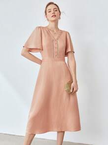 MOTF X Nour PREMIUM LINEN VISCOSE FLUTTER SLEEVE DRESS - Coral Orange - View 2