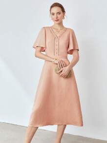 MOTF X Nour PREMIUM LINEN VISCOSE FLUTTER SLEEVE DRESS - Coral Orange - View 4