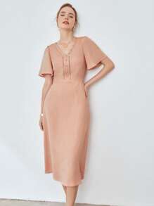 MOTF X Nour PREMIUM LINEN VISCOSE FLUTTER SLEEVE DRESS - Coral Orange - View 5