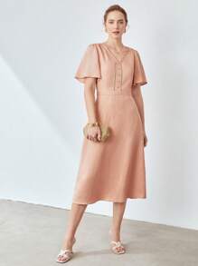 MOTF X Nour PREMIUM LINEN VISCOSE FLUTTER SLEEVE DRESS - Coral Orange - View 6