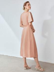 MOTF X Nour PREMIUM LINEN VISCOSE FLUTTER SLEEVE DRESS - Coral Orange - View 7