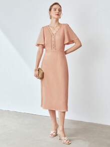 MOTF X Nour PREMIUM LINEN VISCOSE FLUTTER SLEEVE DRESS - Coral Orange - View 8