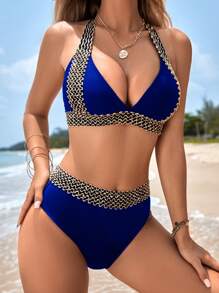 Swim Vcay 拼接邊掛脖比基尼泳裝