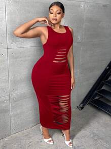 Slaydiva 大碼梯狀鏤空緊身連衣裙 - 紅色 - 查看 4