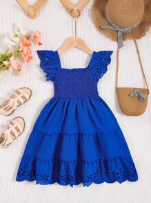 SHEIN Young Girl Laser Cut Out Shirred Ruffle Hem Dress - Blue - View 2