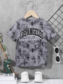 SHEIN Leap Crew Young Boys' Casual Loose Fit Tie-Dye Printed Round Neck Short Sleeve T-Shirt Kids Tops>Casualgray Top For Kidst-Shirt For Kids Boy
