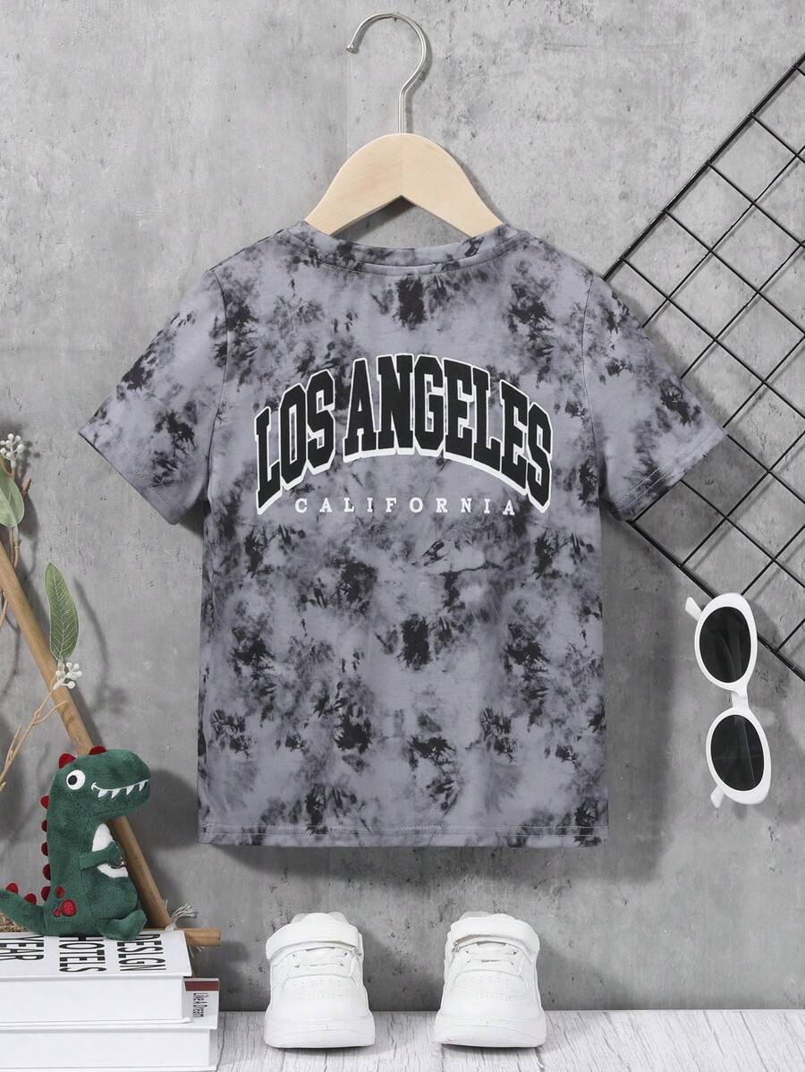 SHEIN Leap Crew Young Boys' Casual Loose Fit Tie-Dye Printed Round Neck Short Sleeve T-Shirt Kids Tops>Casualgray Top For Kidst-Shirt For Kids Boy