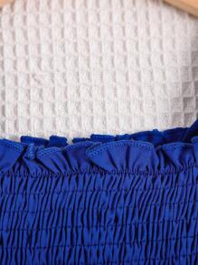 SHEIN Young Girl Laser Cut Out Shirred Ruffle Hem Dress - Blue - View 4