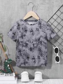 SHEIN Leap Crew Young Boys' Casual Loose Fit Tie-Dye Printed Round Neck Short Sleeve T-Shirt Kids Tops>Casualgray Top For Kidst-Shirt For Kids Boy