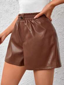 SHEIN Privé High Waist PU Leather Shorts - Coffee Brown - View 1