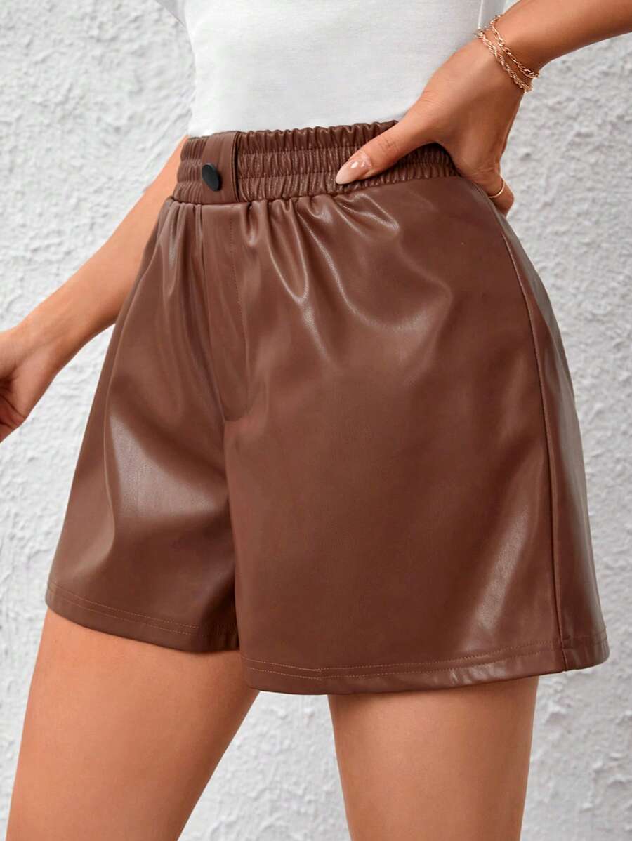 SHEIN Privé High Waist PU Leather Shorts - Coffee Brown - View 1