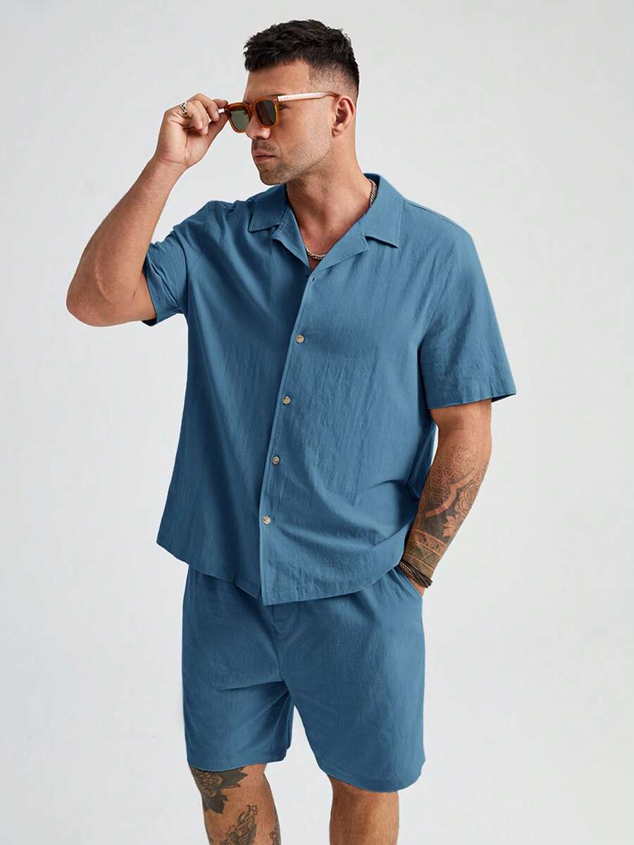 EASEVO Men Plus Cotton Solid Button Front Shirt & Shorts - Dusty Blue - View 1