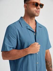 EASEVO Men Plus Cotton Solid Button Front Shirt & Shorts - Dusty Blue - View 5