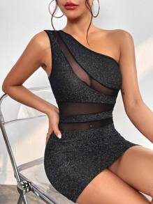 SHEIN PETITE 單肩嵌入網紗金屬亮絲緊身洋裝 - 黑色 - 查看 5