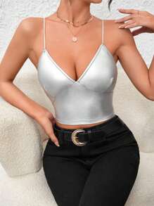 SHEIN Privé Solid Crop PU Leather Cami Top - Silver - View 5
