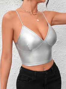 SHEIN Privé Solid Crop PU Leather Cami Top - Silver - View 4