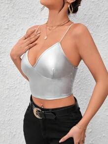 SHEIN Privé Solid Crop PU Leather Cami Top - Silver - View 3