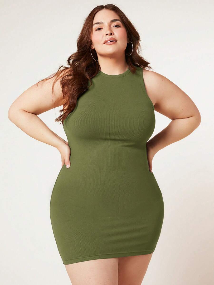 SHEIN BASICS 大碼素色緊身洋裝 - 橄欖綠 - 查看 1