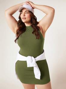 SHEIN BASICS 大碼素色緊身洋裝 - 橄欖綠 - 查看 6