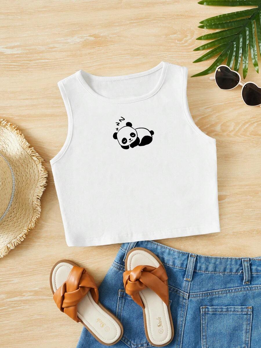 Teen Girls Panda Print Tank Top - White - View 1