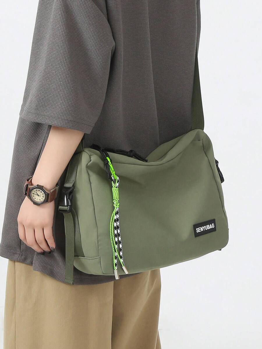 多功能字母貼花裝飾流浪漢包可調節肩帶單肩包吊帶包休閒包斜挎包高中生大學生新生 - 綠色 - 查看 1