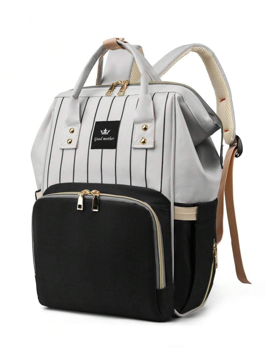 1入組條紋圖案大容量尿布包 - 黑色 - 查看 1