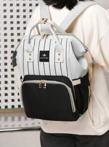 1入組條紋圖案大容量尿布包 - 黑色 - 查看 2