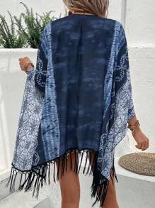 Swim Vcay Tie Dye Fringe Hem Kimono - Blue - View 2