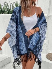 Swim Vcay Tie Dye Fringe Hem Kimono - Blue - View 4