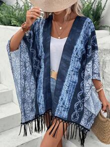 Swim Vcay Tie Dye Fringe Hem Kimono - Blue - View 5