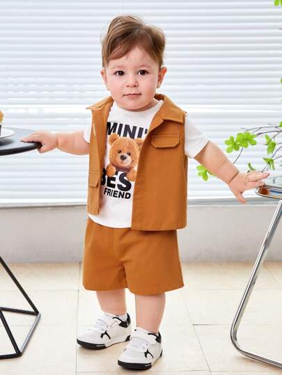 SHEIN Leap Crew 男嬰翻蓋細節夾克背心和短褲和卡通圖案T恤