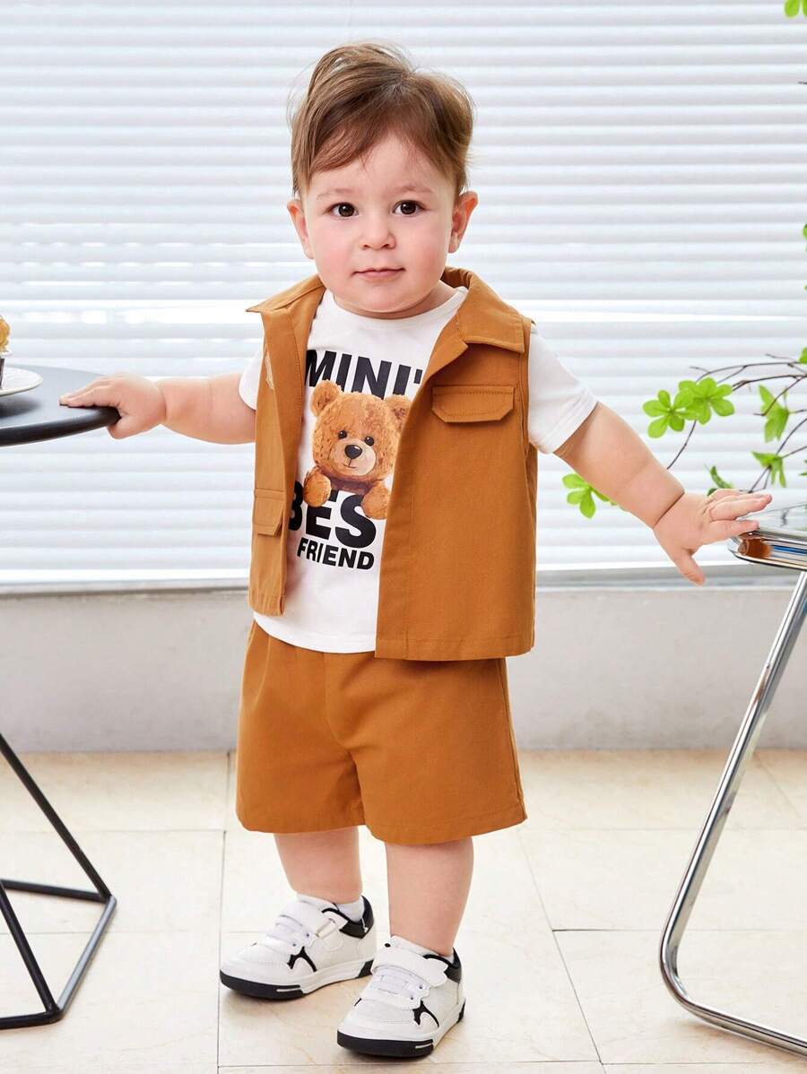 SHEIN Leap Crew 男嬰翻蓋細節夾克背心和短褲和卡通圖案T恤 - 棕色 - 查看 1