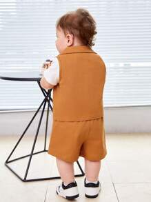 SHEIN Leap Crew 男嬰翻蓋細節夾克背心和短褲和卡通圖案T恤 - 棕色 - 查看 2